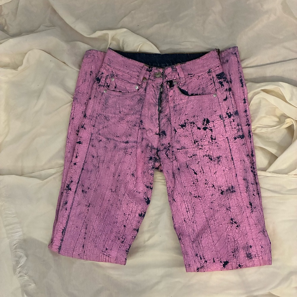 MSGM  Acid-Effect pink paint straight leg button fly jeans Sz 38 Xs waist 25"